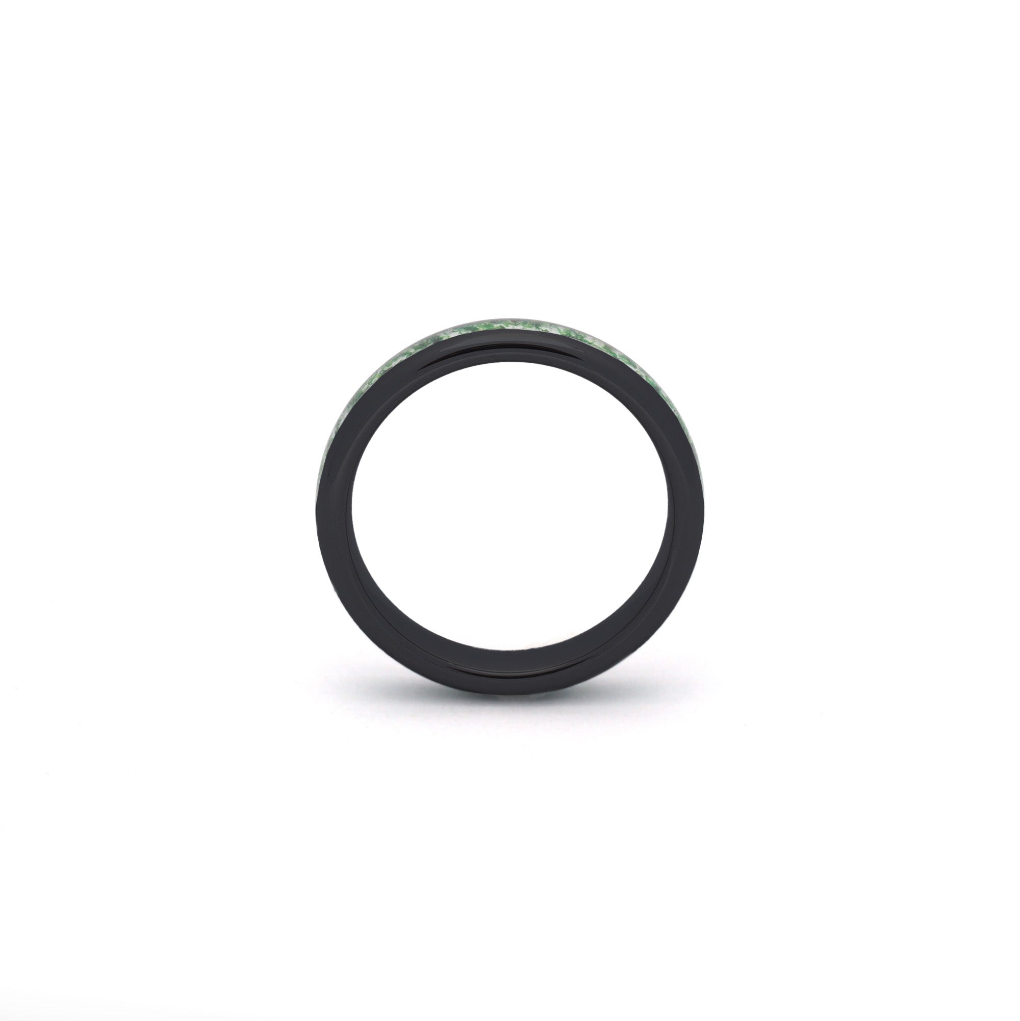 Delicate black wedding ring for her with scratch-proof tungsten and moss agate detail