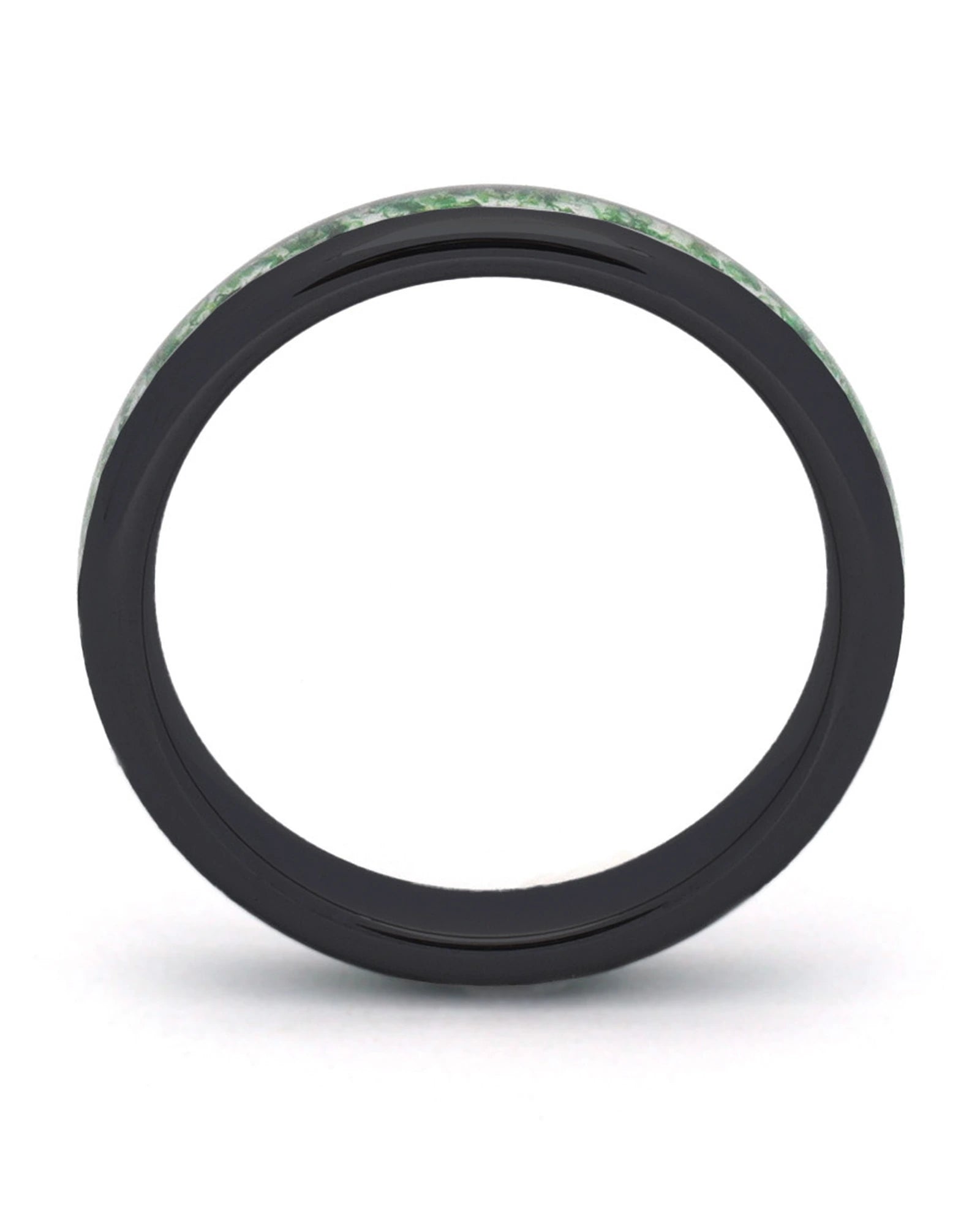 Side view of black 4mm tungsten wedding ring with moss agate inlay