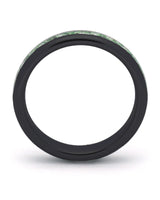Side view of black 4mm tungsten wedding ring with moss agate inlay