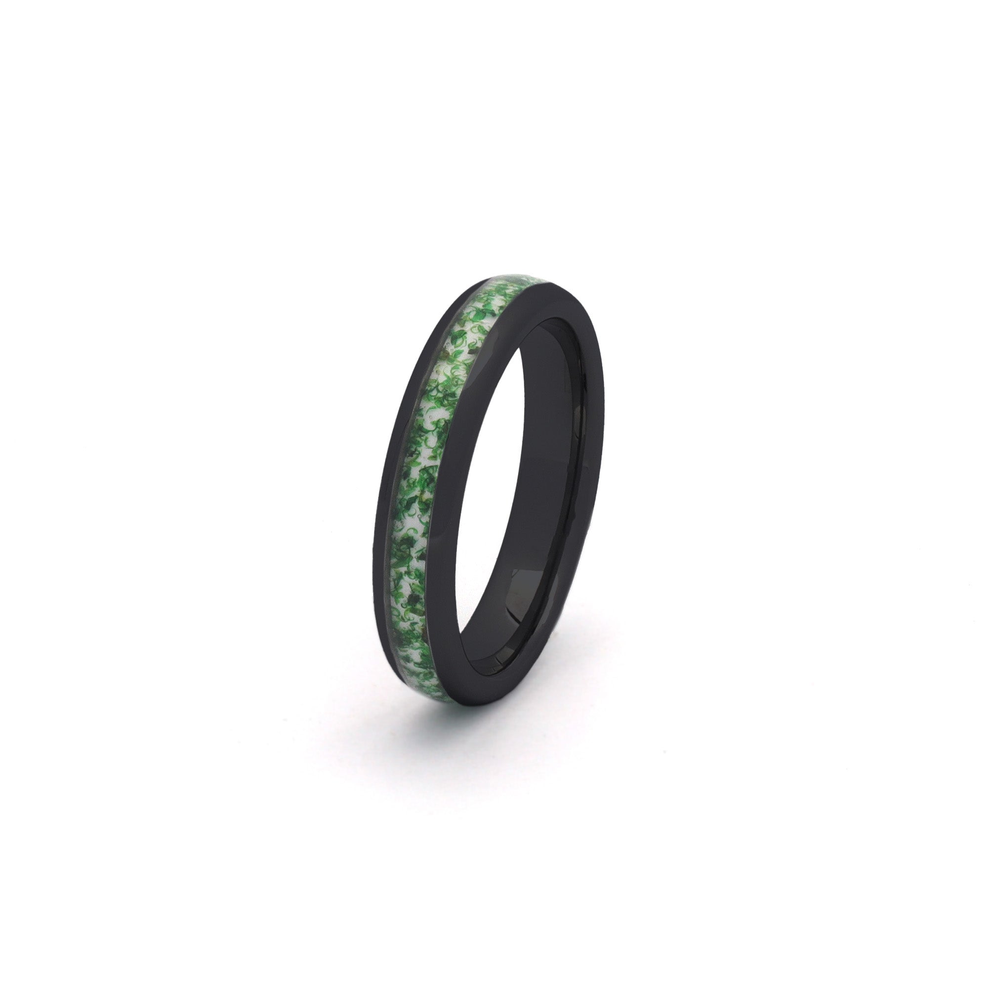 Black wedding ring for her with green moss agate inlay and polished tungsten band