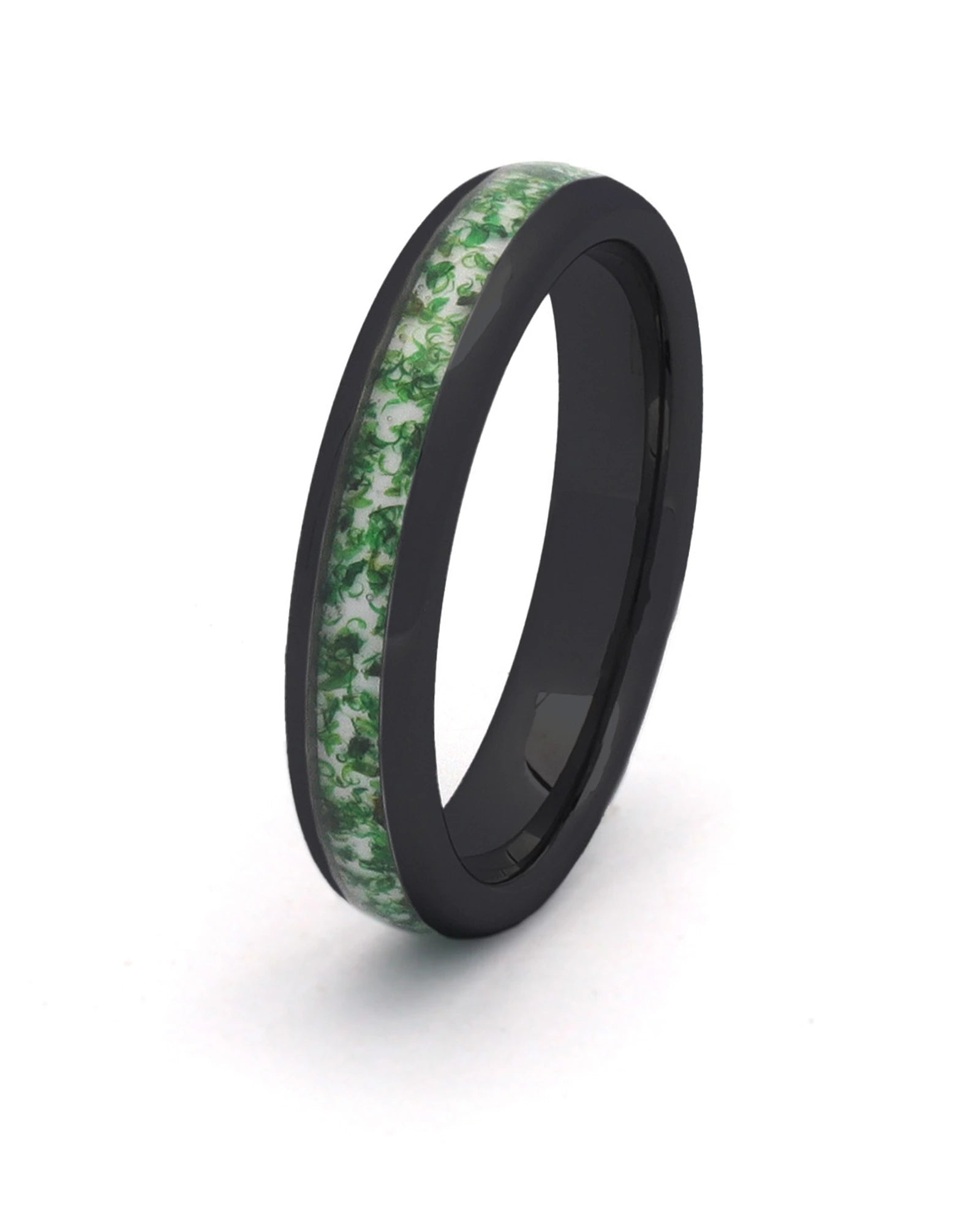Black tungsten wedding ring with green moss agate stone inlay, 4mm band