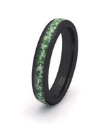 Black tungsten wedding ring with green moss agate stone inlay, 4mm band