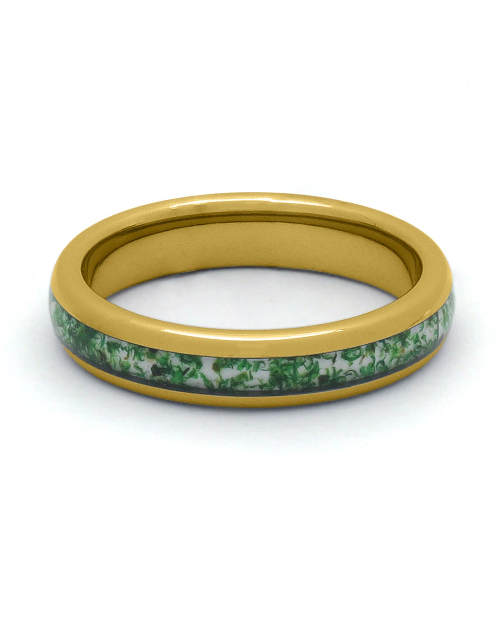 Front view of gold 4mm moss agate tungsten wedding band