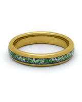 Front view of gold 4mm moss agate tungsten wedding band