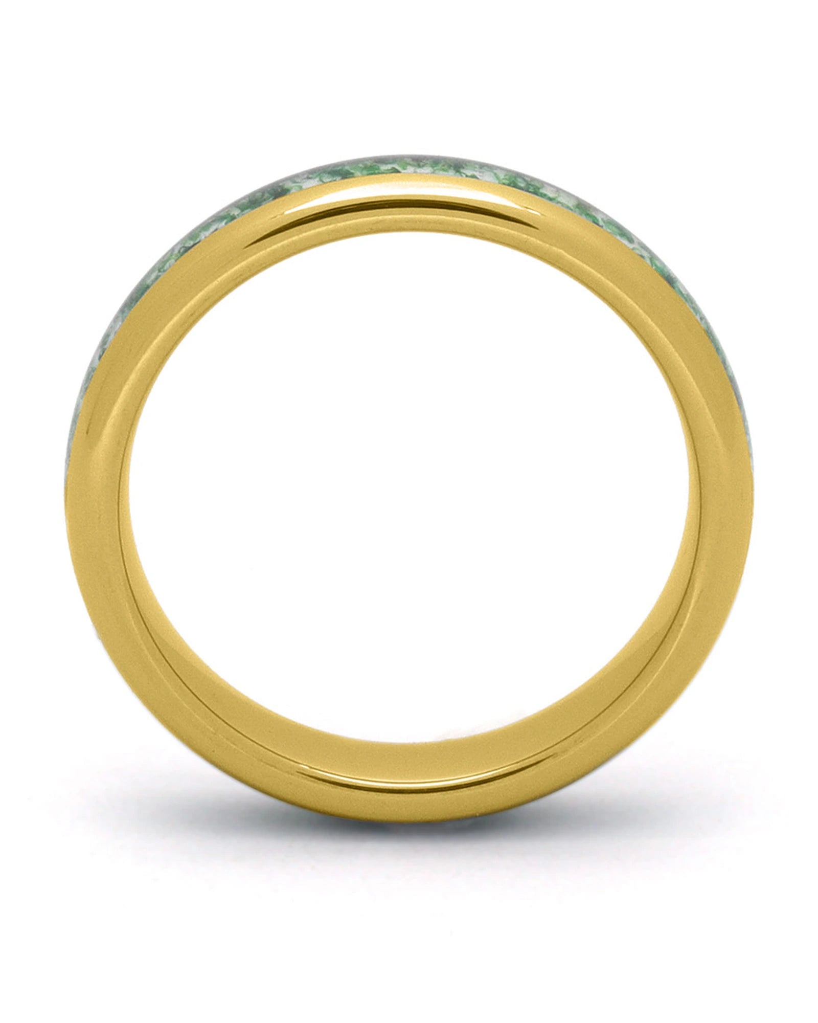 Side view of gold 4mm tungsten wedding ring with moss agate inlay