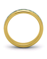 Side view of gold 4mm tungsten wedding ring with moss agate inlay