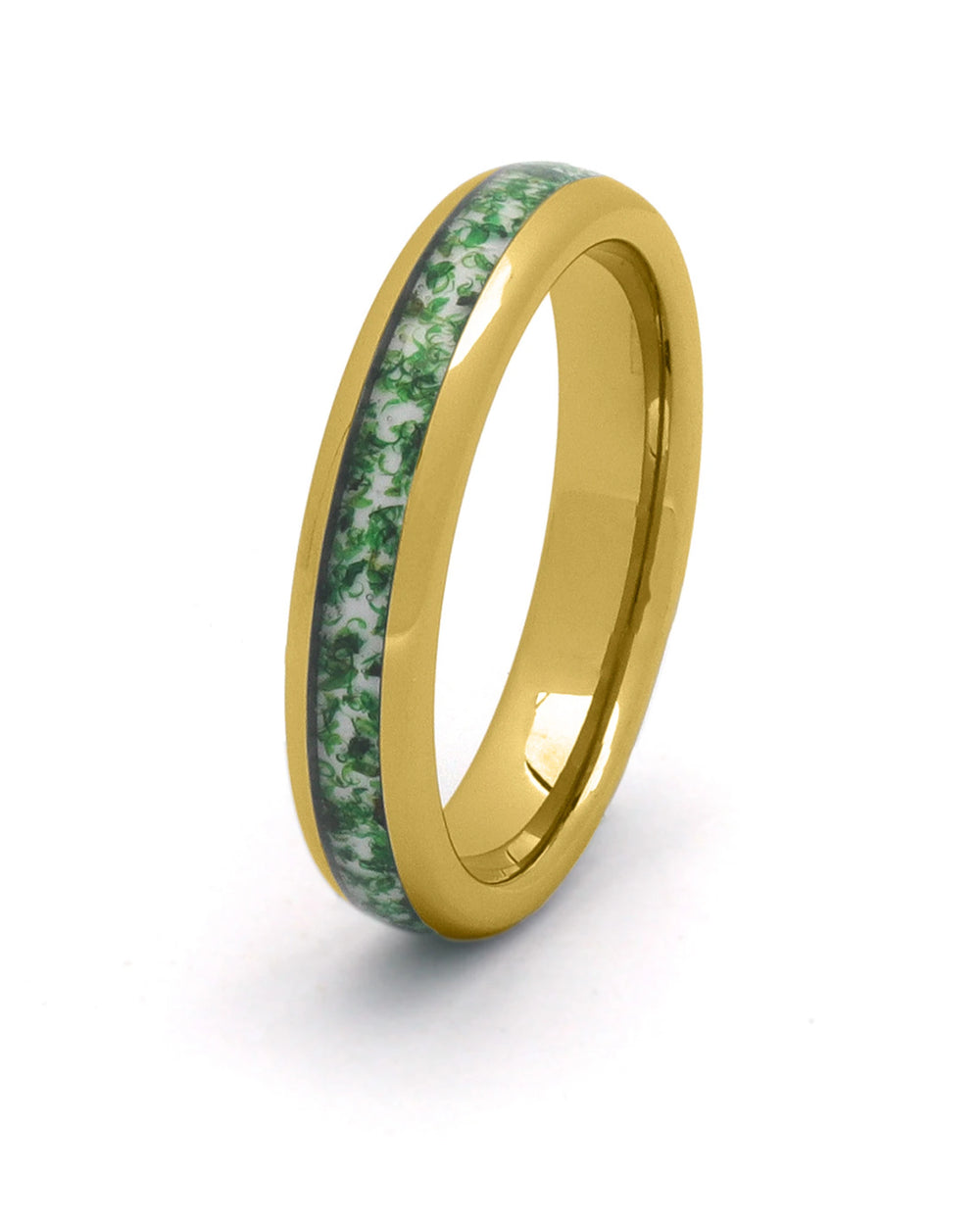 Gold tungsten wedding ring with green moss agate stone inlay, 4mm band