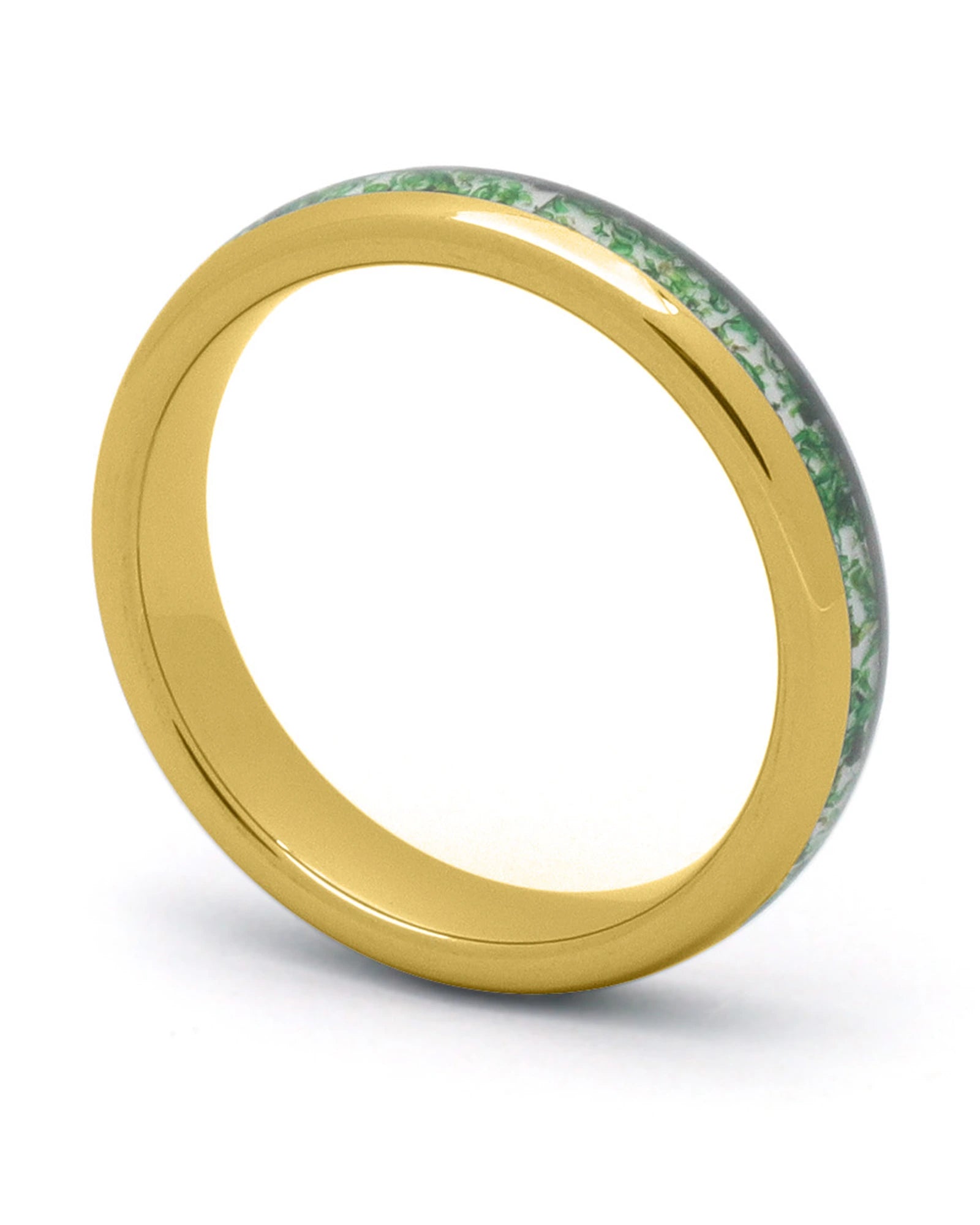 Gold 4mm tungsten ring with moss agate inlay shown at an angle