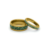Matching gold wedding bands for couples featuring green moss agate stone