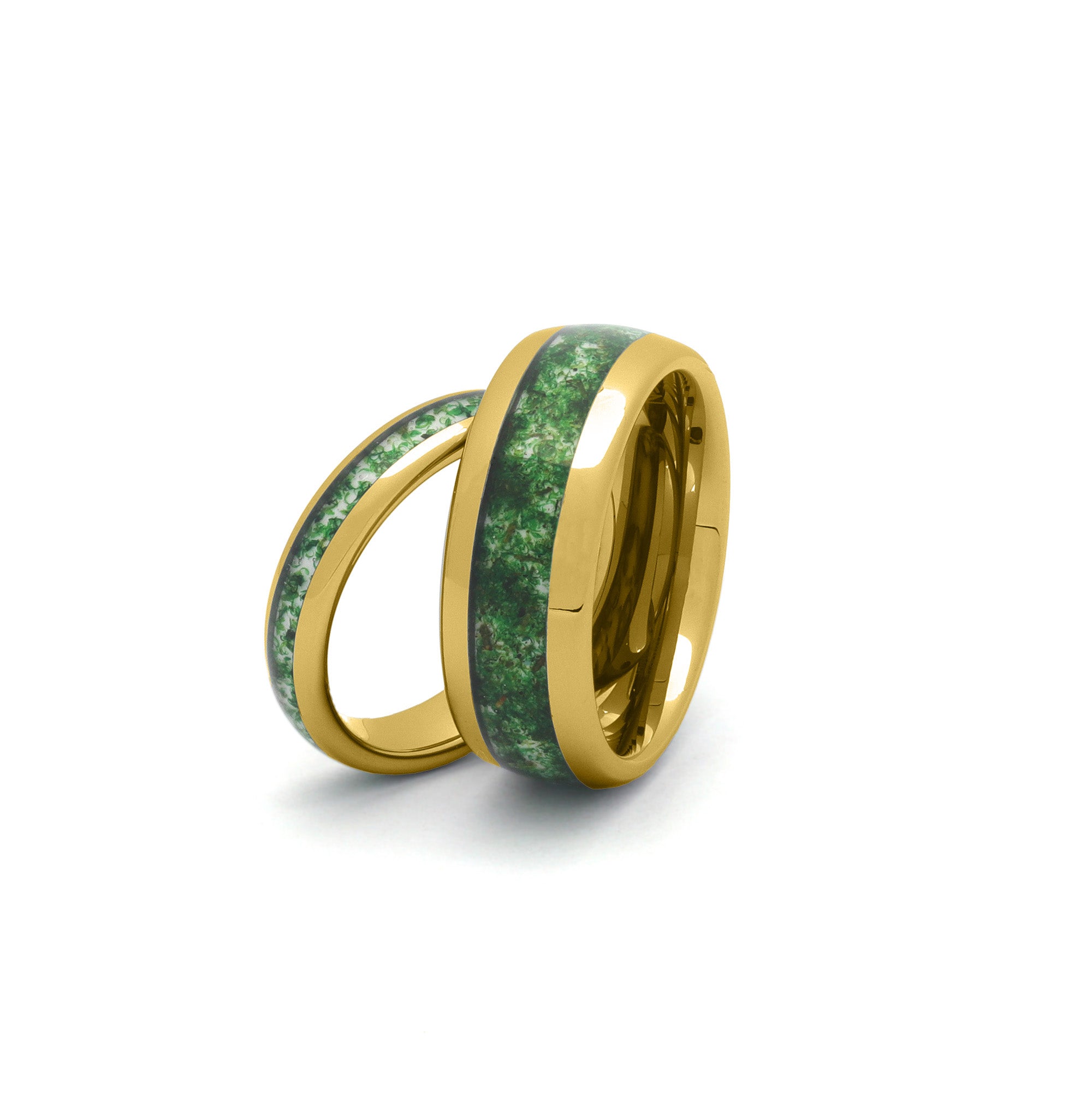 Wedding ring sets his and hers with gold polished tungsten and moss agate inlay