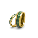 Wedding ring sets his and hers with gold polished tungsten and moss agate inlay