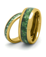 Matching gold tungsten wedding rings with green moss agate stone inlays
