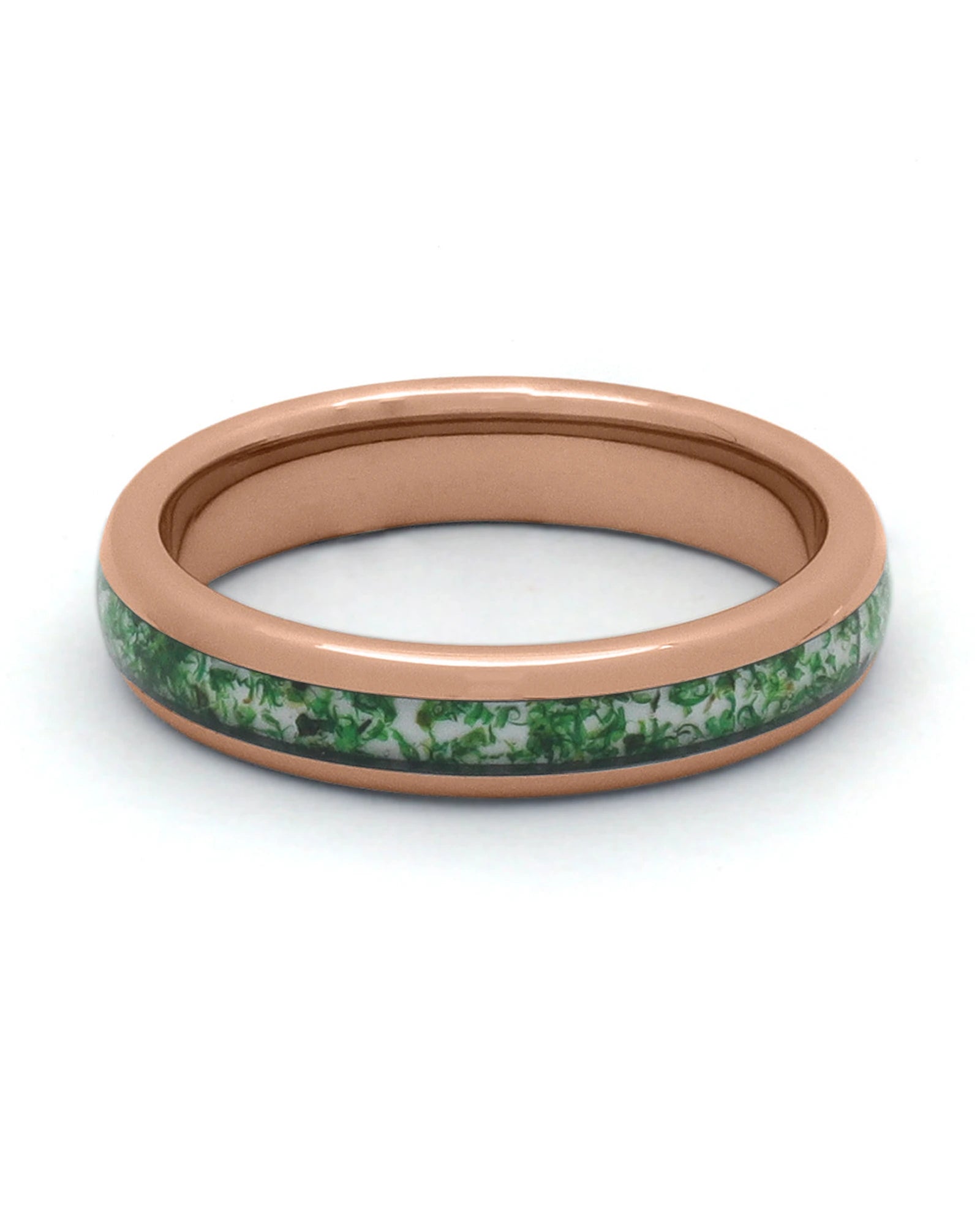 Front view of rose gold 4mm moss agate tungsten wedding band