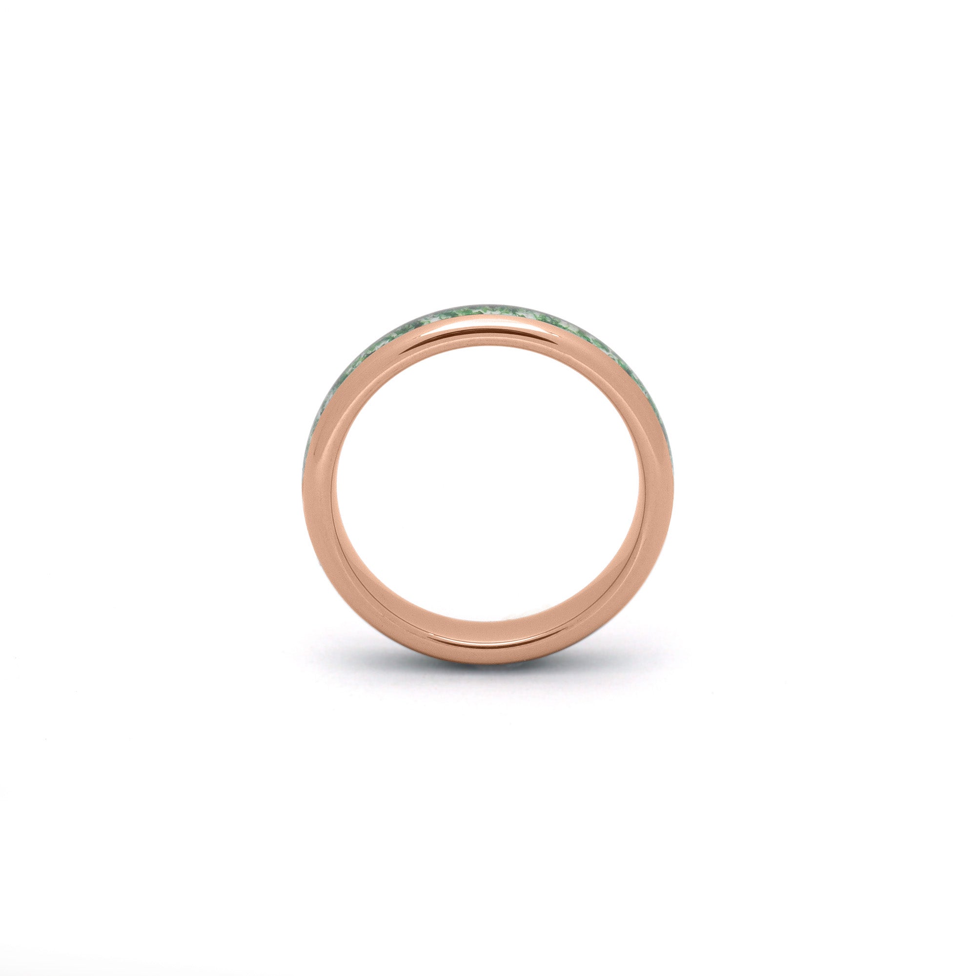 Moss agate promise ring with rose gold tungsten and natural stone inlay on white background