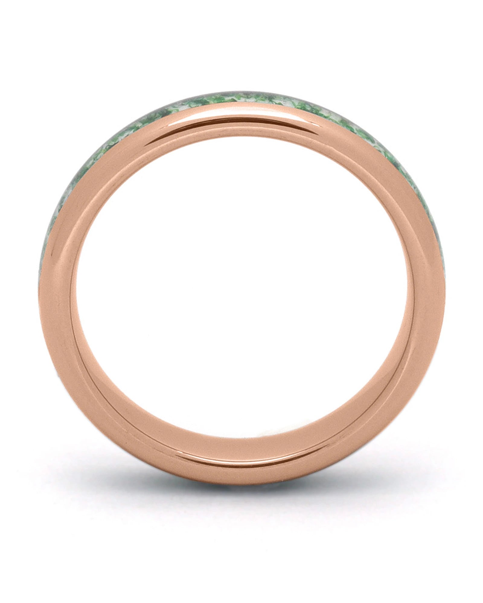 Side view of rose gold 4mm tungsten wedding ring with moss agate inlay