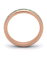 Side view of rose gold 4mm tungsten wedding ring with moss agate inlay