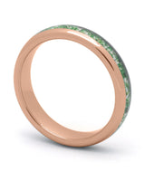 Rose gold 4mm tungsten ring with moss agate inlay shown at an angle