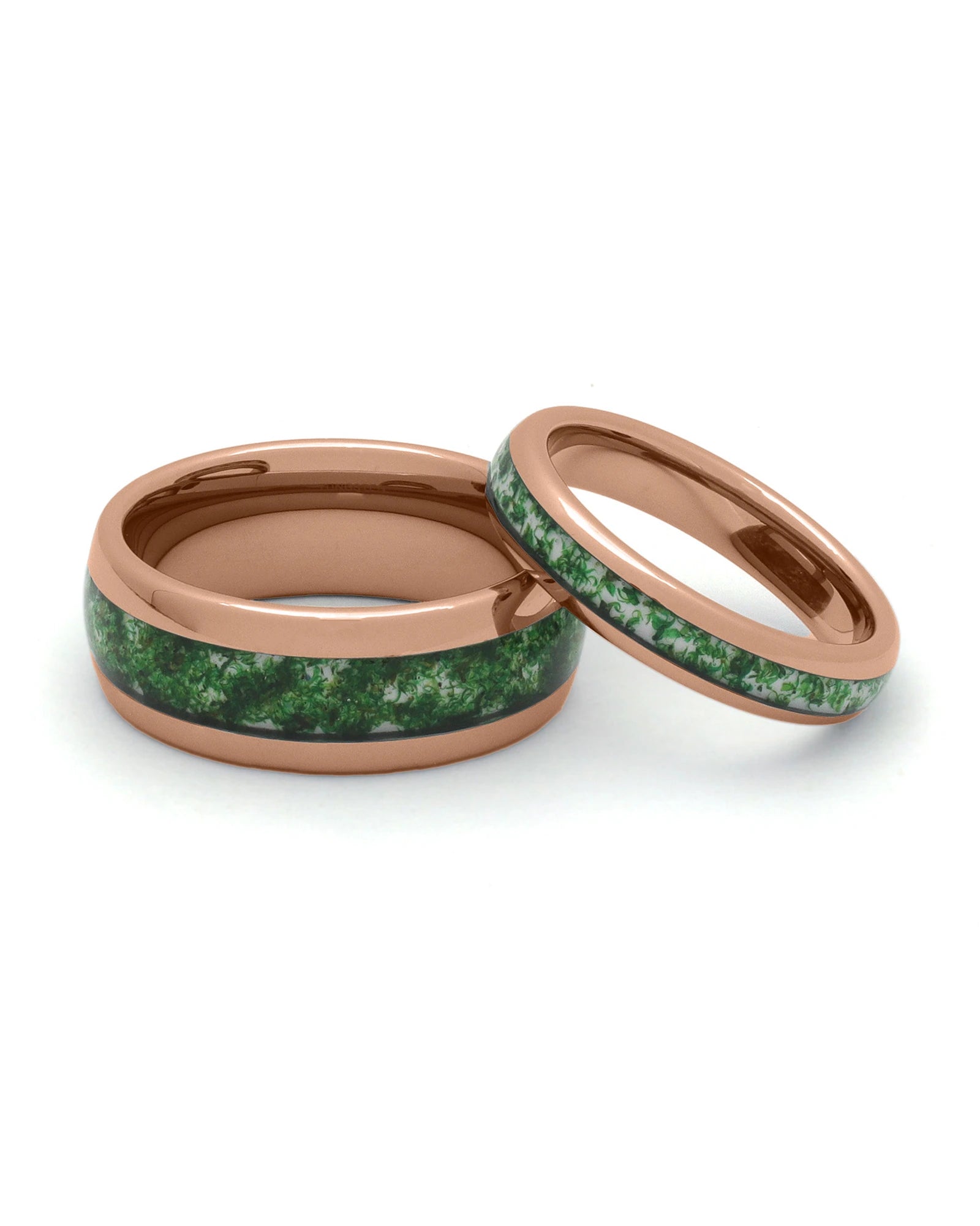 Rose gold moss agate tungsten couples wedding ring set shown together