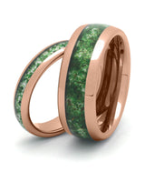 Matching rose gold tungsten wedding rings with green moss agate stone inlays