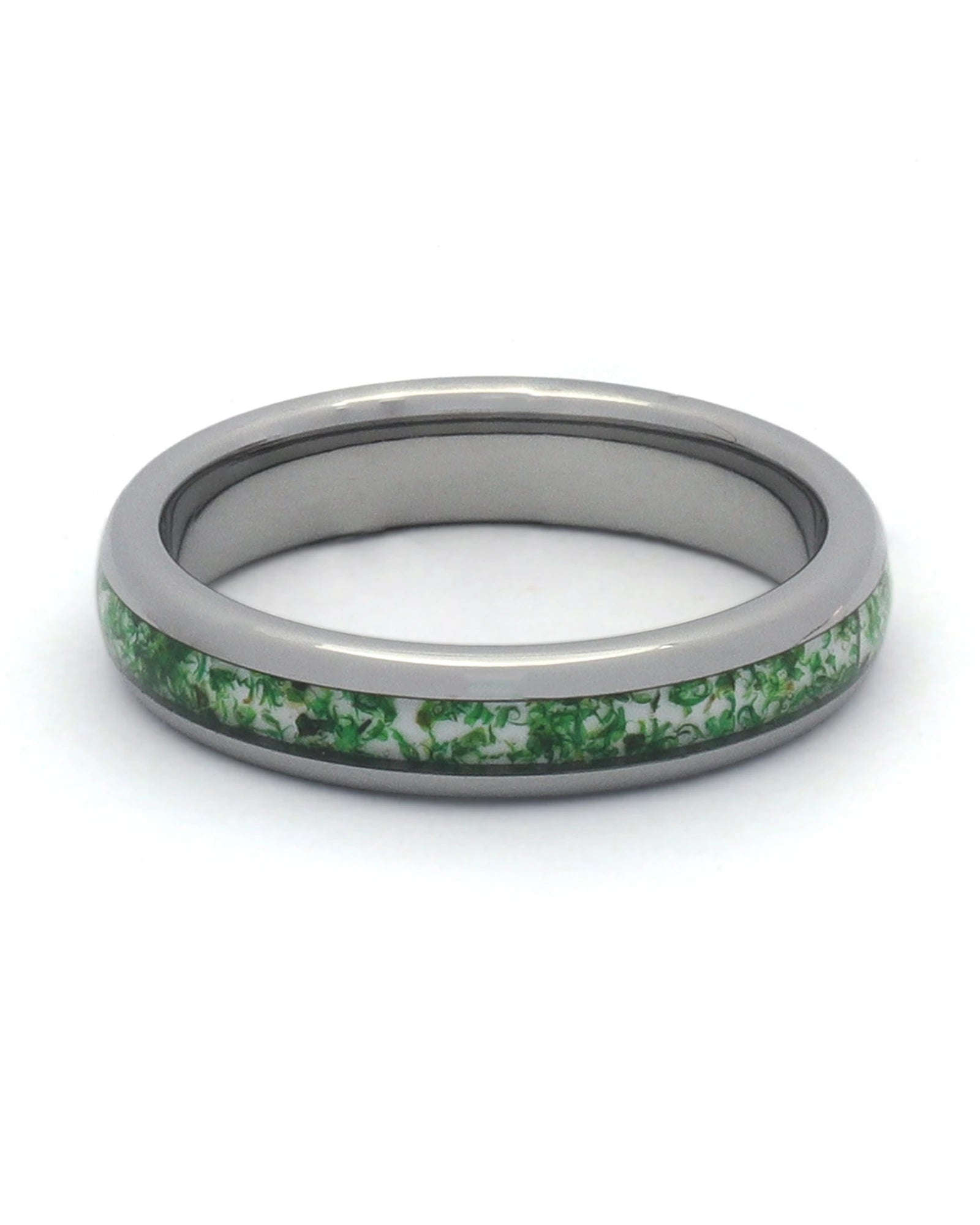Front view of silver 4mm moss agate tungsten wedding band