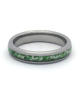 Front view of silver 4mm moss agate tungsten wedding band