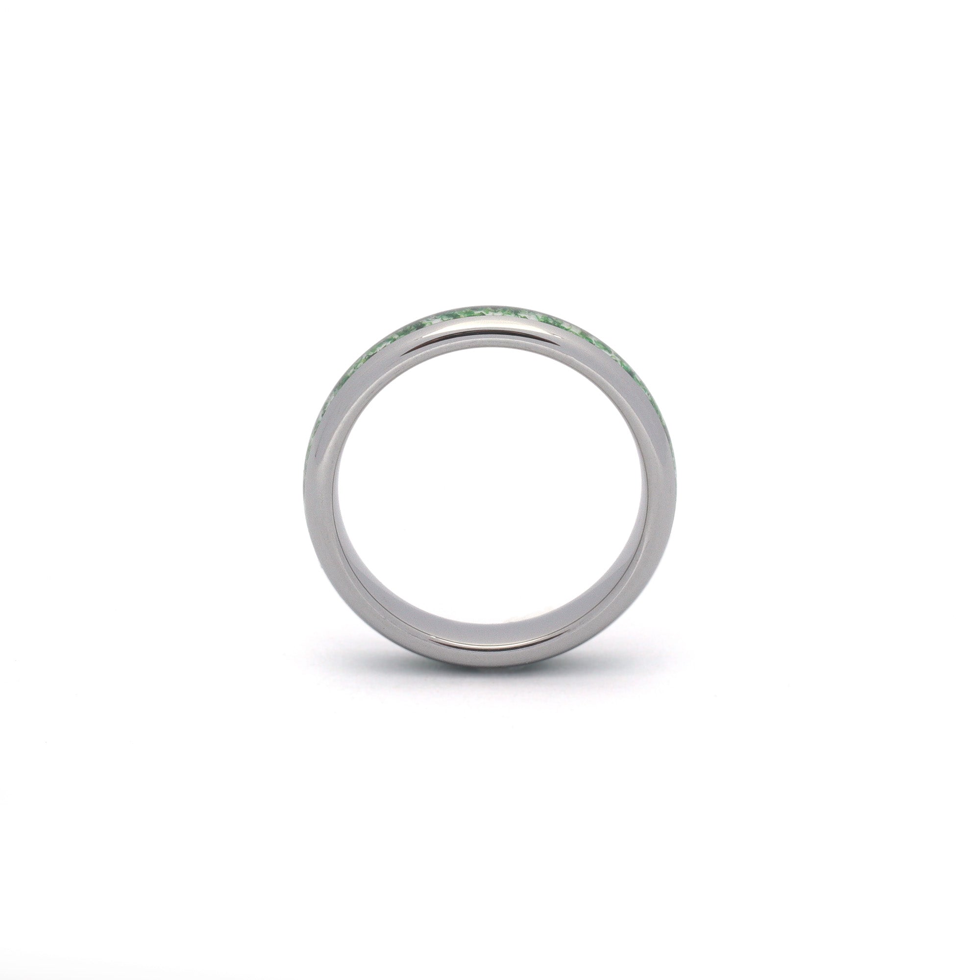 4mm green moss agate engagement ring with comfort fit design shown on white backdrop