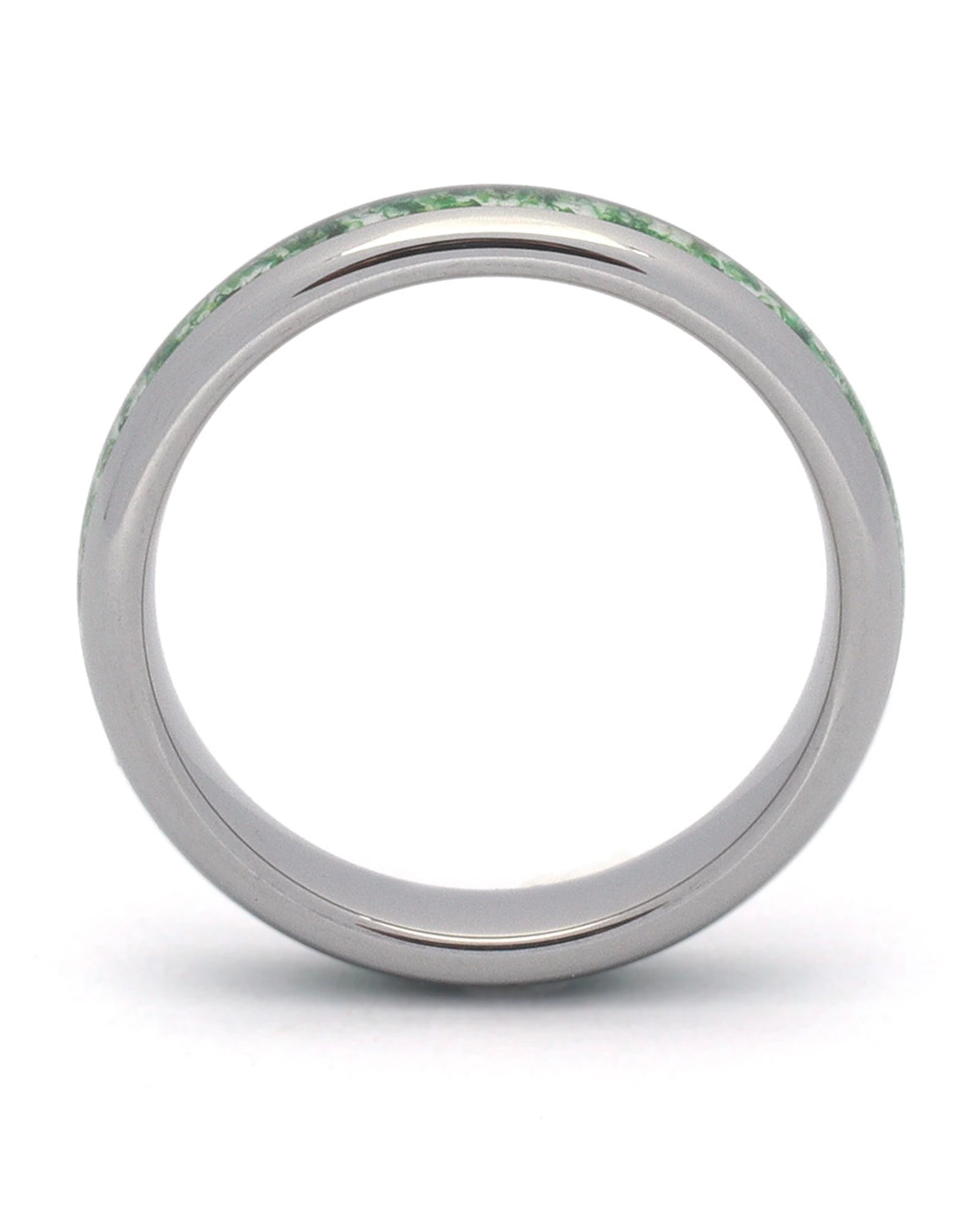 Side view of silver 4mm tungsten wedding ring with moss agate inlay