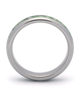 Side view of silver 4mm tungsten wedding ring with moss agate inlay