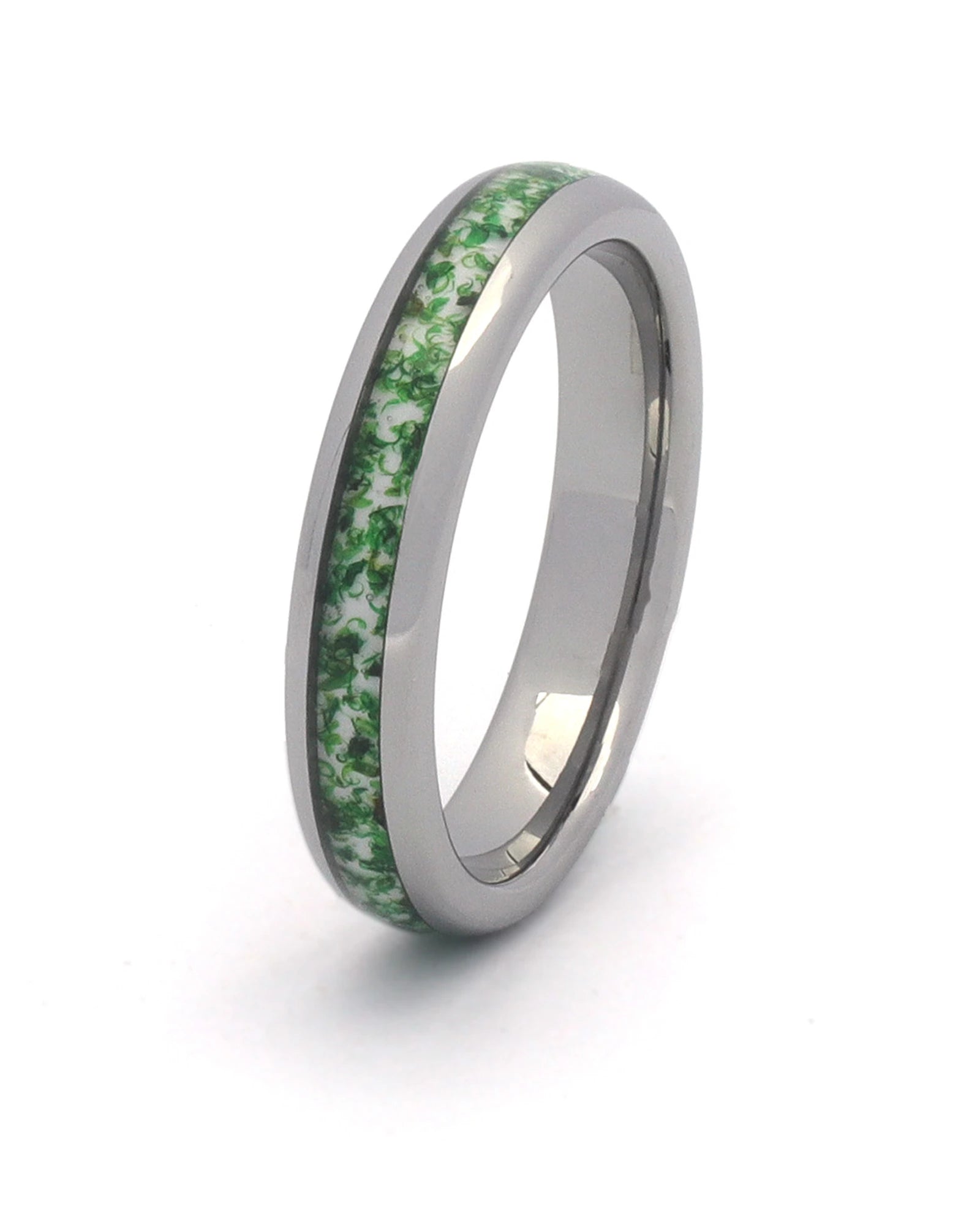 Silver tungsten wedding ring with green moss agate stone inlay, 4mm band