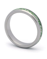 Silver 4mm tungsten ring with moss agate inlay shown at an angle