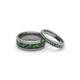 His & her wedding ring sets featuring green moss agate inlay and silver tungsten finish