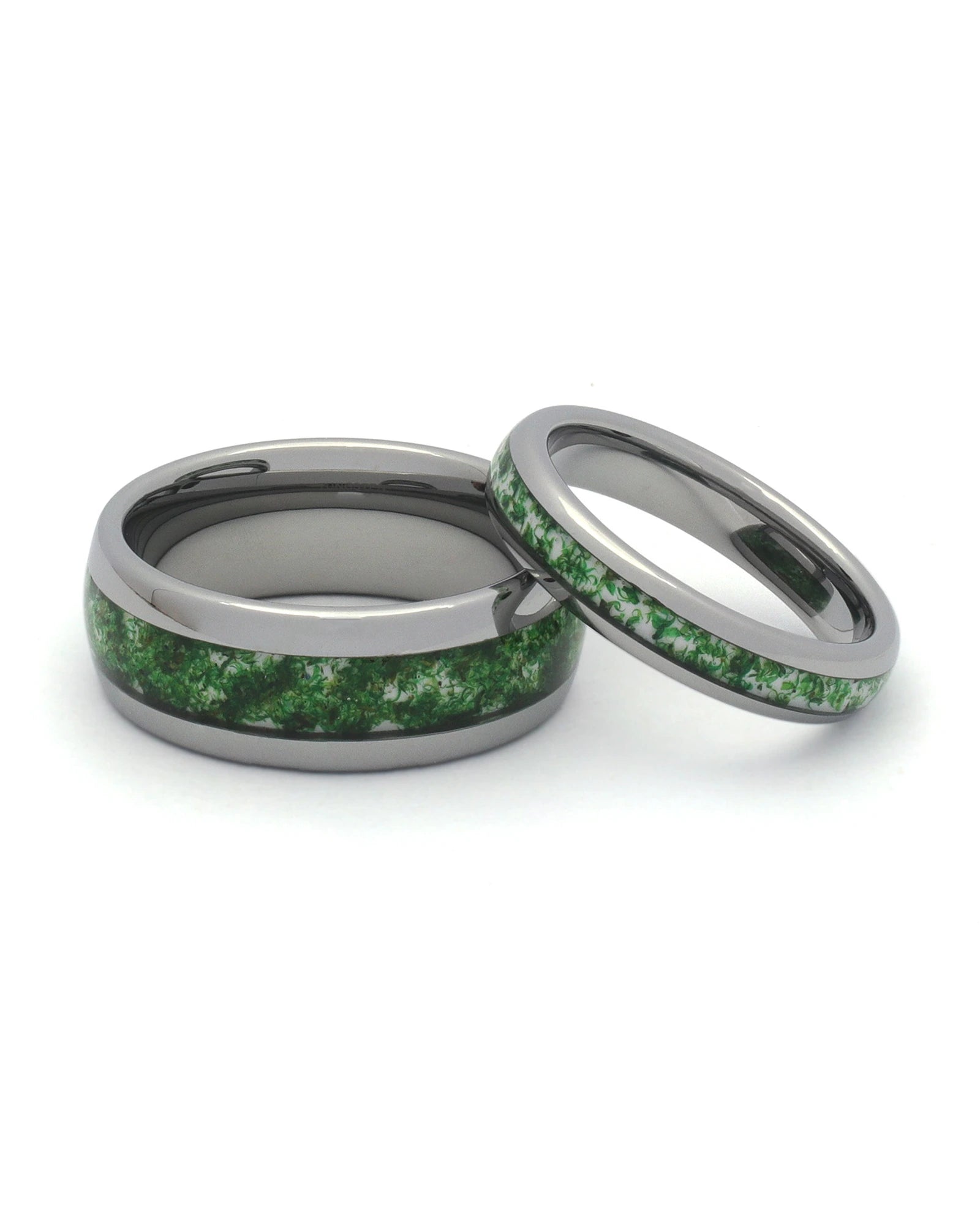 Silver moss agate tungsten couples wedding ring set shown together