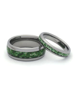 Silver moss agate tungsten couples wedding ring set shown together