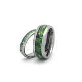 Matching moss agate wedding ring set for couples with polished tungsten bands