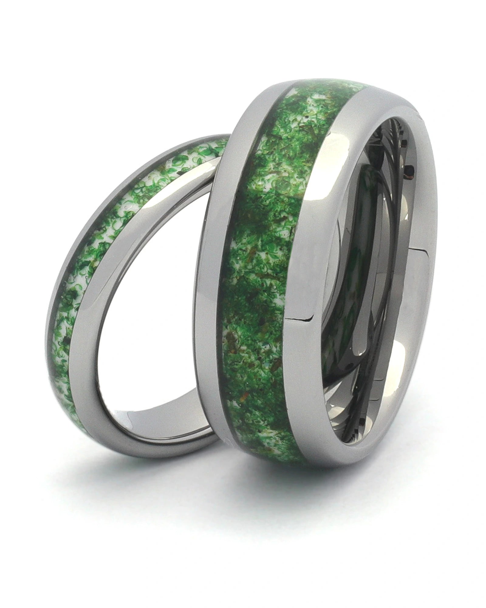 Matching silver tungsten wedding rings with green moss agate stone inlays