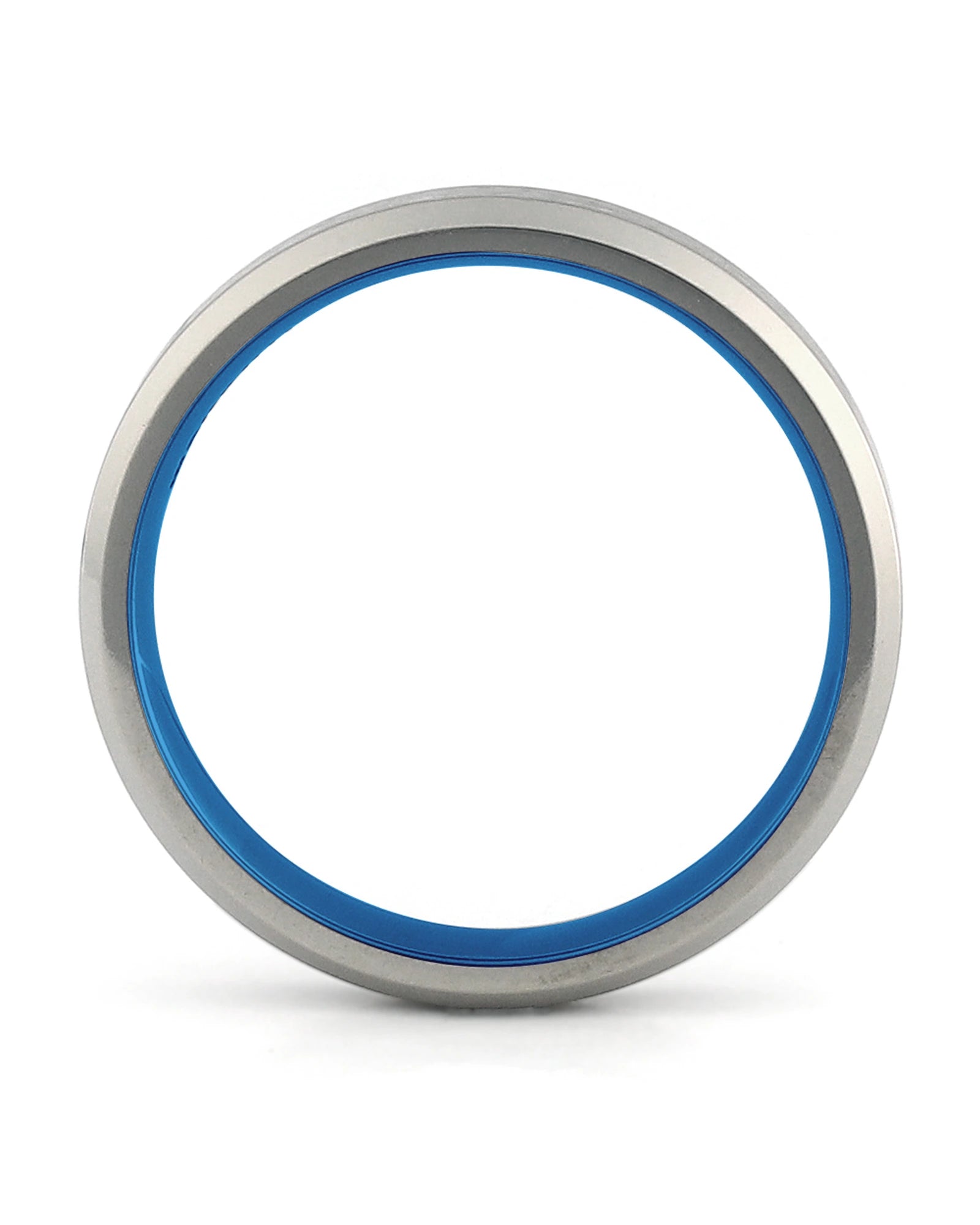 Side view of silver and blue 4mm Oblique titanium wedding ring