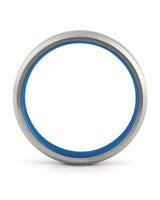 Side view of silver and blue 4mm Oblique titanium wedding ring