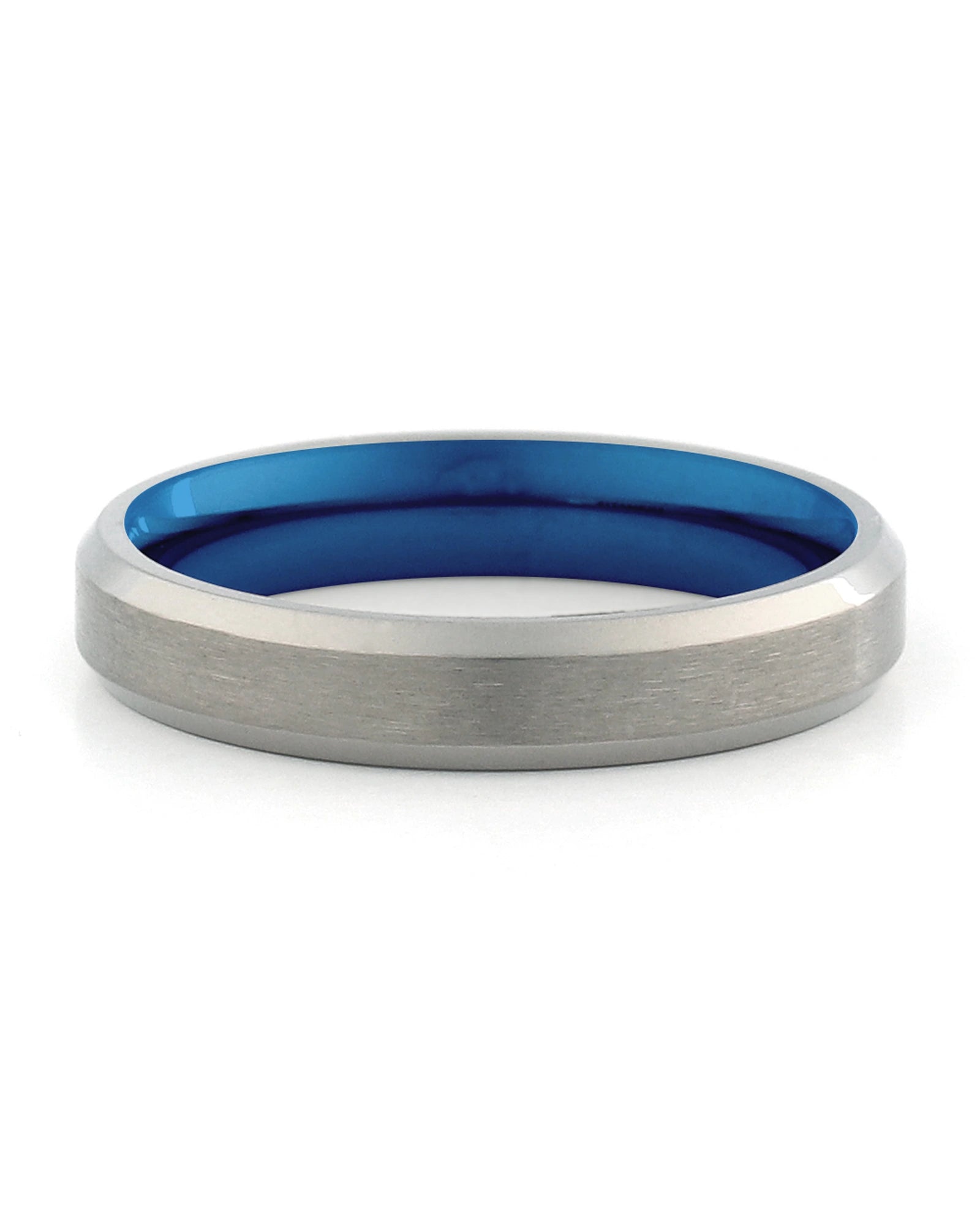 Front view of silver and blue 4mm titanium wedding band