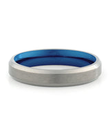 Front view of silver and blue 4mm titanium wedding band