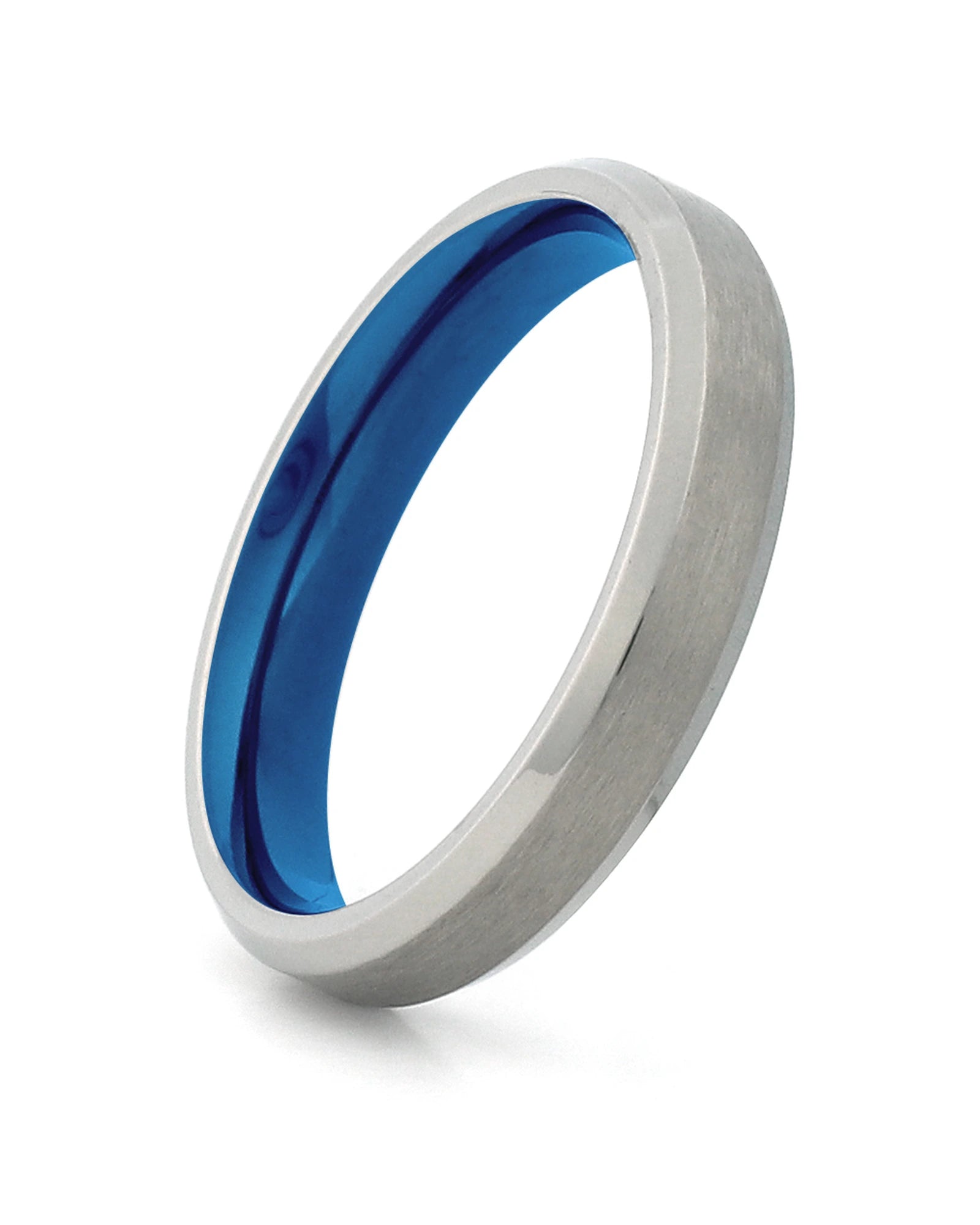 Silver and blue 4mm Oblique titanium ring shown at an angle