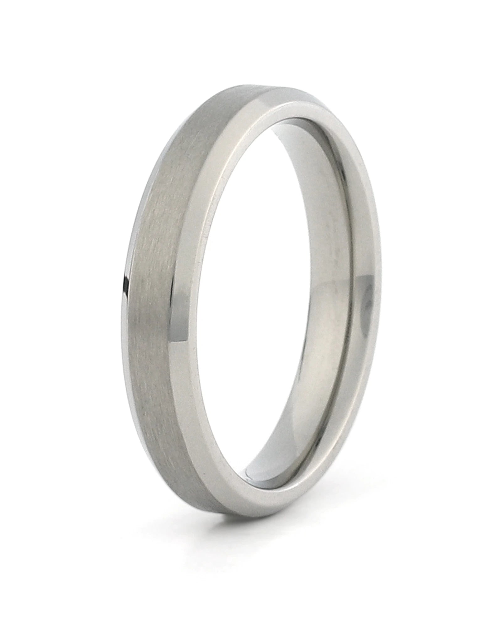 A silver-toned metal band ring with a brushed matte finish on the outer surface and polished beveled edges, shown on a clean white background.