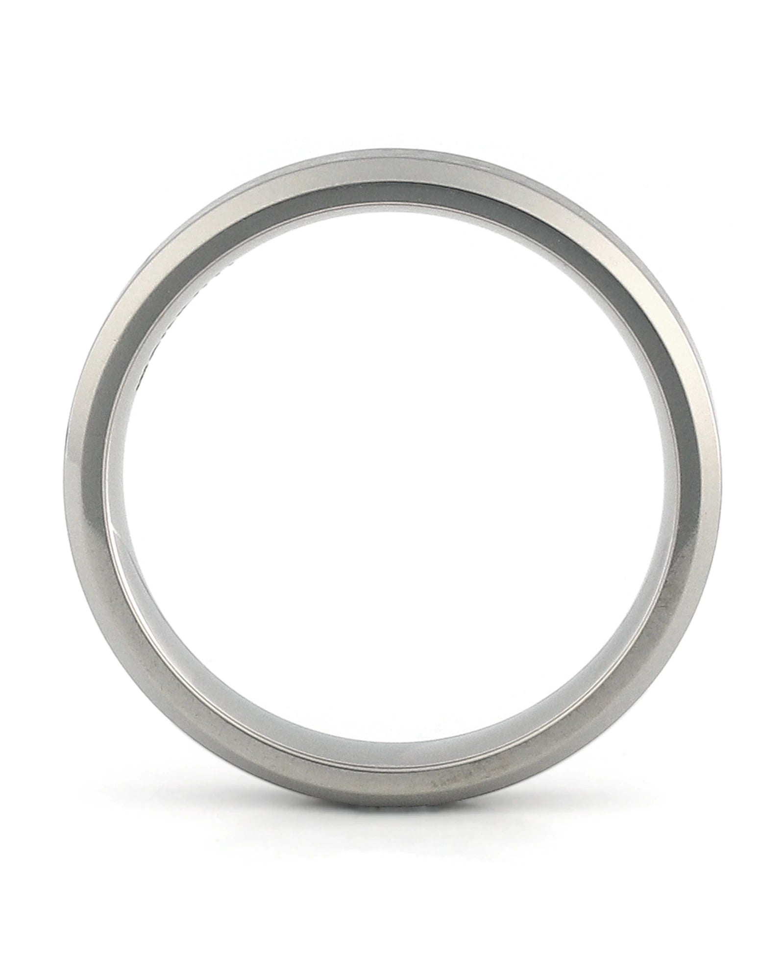 A minimalist, polished silver-toned metal band ring, likely titanium or stainless steel, shown from a top-down perspective on a clean white background.