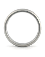 A minimalist, polished silver-toned metal band ring, likely titanium or stainless steel, shown from a top-down perspective on a clean white background.