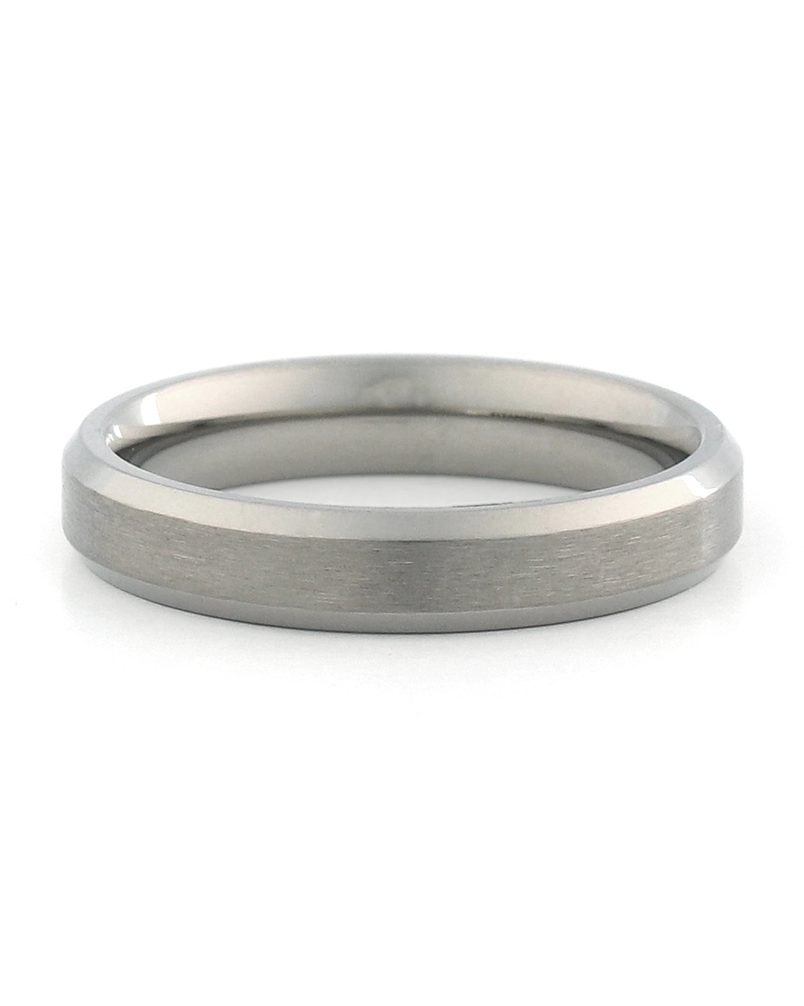 A brushed metal band ring with a polished beveled edge, shown on a clean white background.