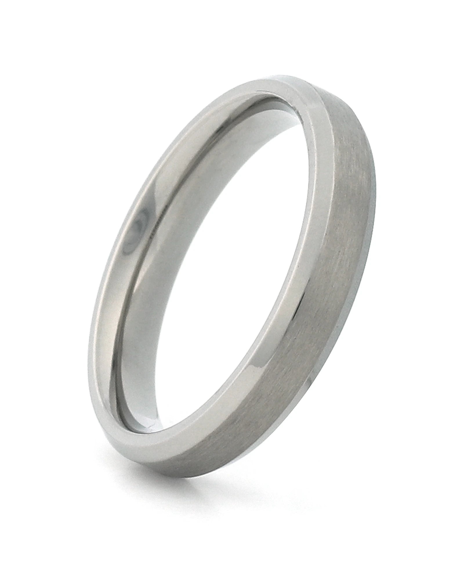 A brushed metal band ring, likely titanium or tungsten, shown at an angle on a clean white background.