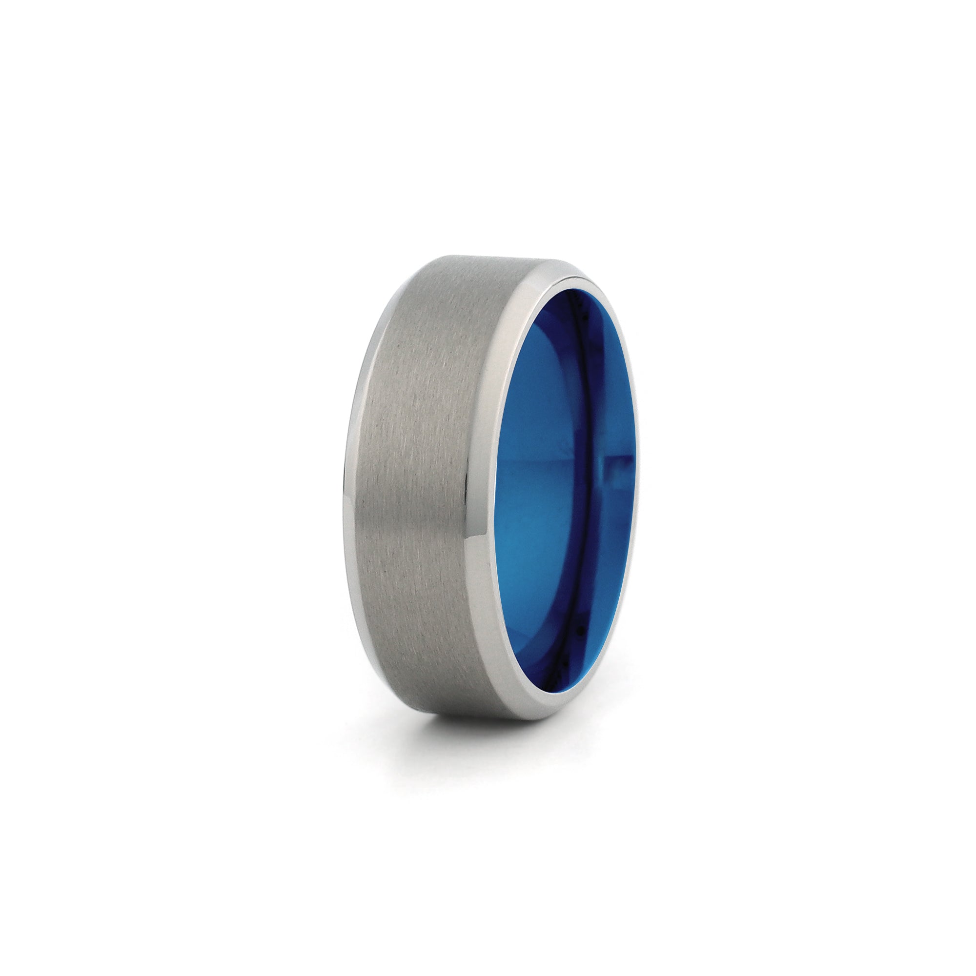 silver titanium ring set with blue accents beveled edges