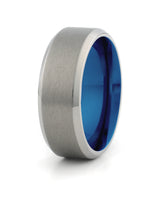 Close view of silver and blue 8mm Oblique titanium wedding ring