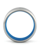 Side view of silver and blue 8mm Oblique titanium wedding ring