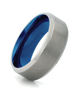 Silver and blue 8mm Oblique titanium ring shown at an angle