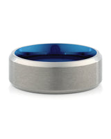 Front view of silver and blue 8mm titanium wedding band